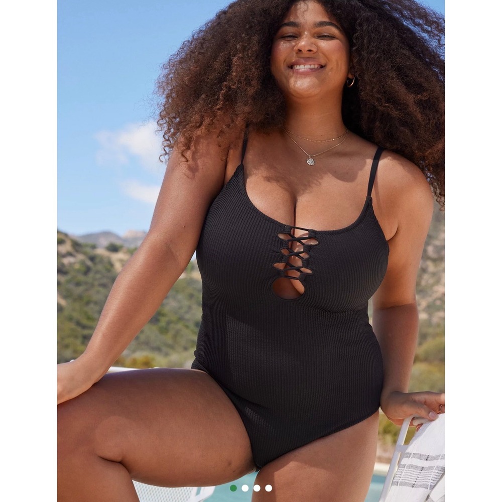 Aerie Women Ribbed Lace Up One Piece Swimsuit Black Cutout Size S